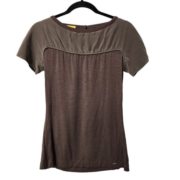ST. JOHN Womens Short Sleeve Taupe Brown Stretch Blouse Silk Blend ? P Petite - Picture 1 of 7